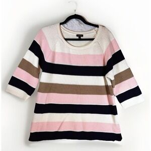 TALBOTS Sweater M Riviera Striped Pima Cotton‎ Chunky Boat Neck Pink Black Ivory